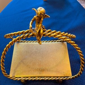 💘Vintage golden metal Angel Cherub vanity bathroom Tray perfume jewelry Holder